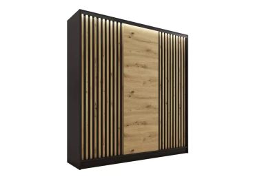 Šatní skříň INSULAR 3D 200 bez zrcadla, se 4 šuplíky a 2 šatními tyčemi, černý mat/dub artisan