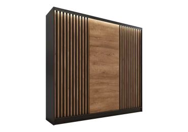 Šatní skříň INSULAR 3D 200 bez zrcadla, se 4 šuplíky a 2 šatními tyčemi, černý mat/dub lefkas