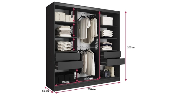 Šatní skříň INSULAR 3D 200 bez zrcadla, se 4 šuplíky a 2 šatními tyčemi, černý mat/dub lefkas
