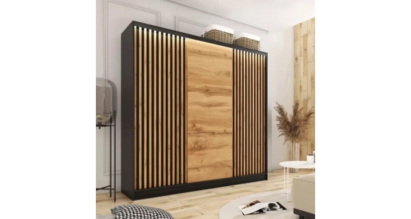 Šatní skříň INSULAR 3D 200 bez zrcadla, se 4 šuplíky a 2 šatními tyčemi, černý mat/dub wotan