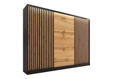 Šatní skříň INSULAR 3D 250 bez zrcadla, se 4 šuplíky a 2 šatními tyčemi, černý mat/dub wotan