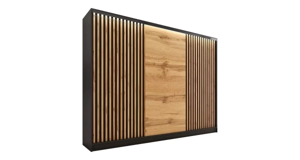 Šatní skříň INSULAR 3D 250 bez zrcadla, se 4 šuplíky a 2 šatními tyčemi, černý mat/dub wotan