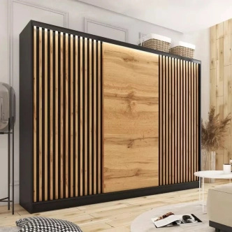 Šatní skříň INSULAR 3D 250 bez zrcadla, se 4 šuplíky a 2 šatními tyčemi, černý mat/dub wotan