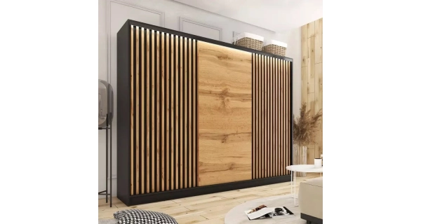 Šatní skříň INSULAR 3D 250 bez zrcadla, se 4 šuplíky a 2 šatními tyčemi, černý mat/dub wotan