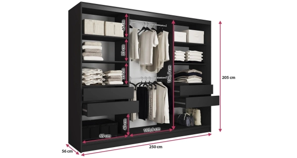 Šatní skříň INSULAR 3D 250 bez zrcadla, se 4 šuplíky a 2 šatními tyčemi, černý mat/dub wotan