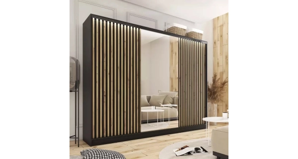 Šatní skříň INSULAR 3D 250 se zrcadlem, 4 šuplíky a 2 šatními tyčemi, černý mat/dub artisan