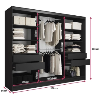 Šatní skříň INSULAR 3D 250 se zrcadlem, 4 šuplíky a 2 šatními tyčemi, černý mat/dub artisan
