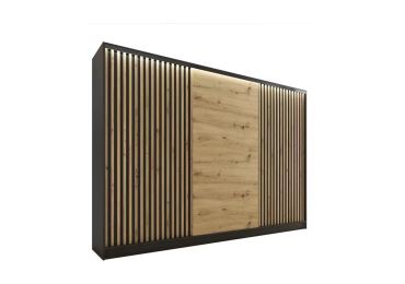 Šatní skříň INSULAR 3D 280 bez zrcadla, se 4 šuplíky a 2 šatními tyčemi, černý mat/dub artisan