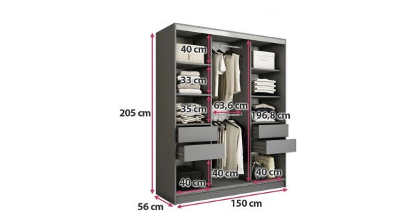 Šatní skříň LITOLARIS 150 bez zrcadla, se 4 šuplíky a 2 šatními tyčemi, grafit