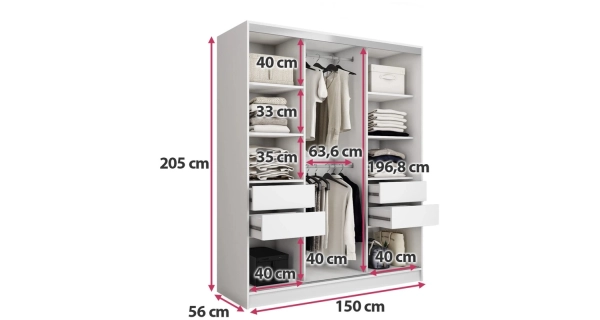 Šatní skříň LITOLARIS 150 se zrcadlem, 4 šuplíky a 2 šatními tyčemi, bílý mat