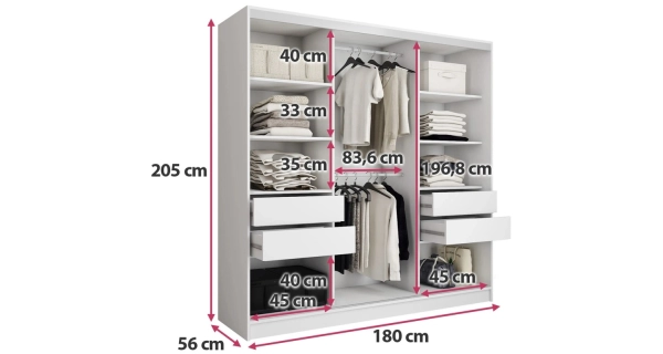 Šatní skříň LITOLARIS 180 se zrcadlem, 4 šuplíky a 2 šatními tyčemi, bílý lesk