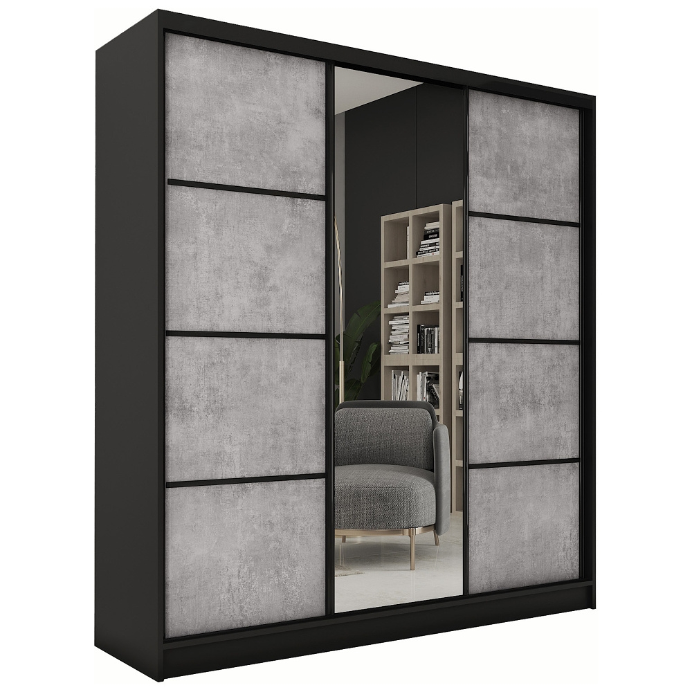Šatní skříň HARAZIA 180 se zrcadlem, 4 šuplíky a 2 šatními tyčemi, černý mat/beton