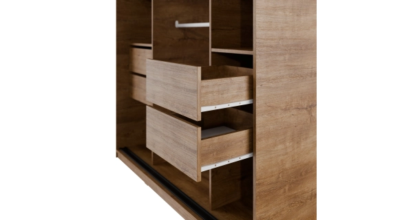 Šatní skříň NEJBY BARNABA 150 cm s posuvnými dveřmi,zrcadlem,4 šuplíky a 2 šatními tyčemi,dub lefkas