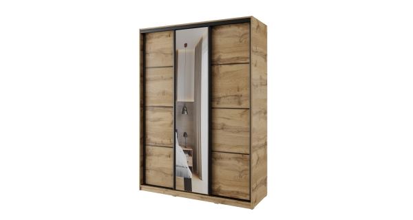 Šatní skříň NEJBY BARNABA 150 cm s posuvnými dveřmi, zrcadlem,4 šuplíky a 2 šatními tyčemi,dub wotan
