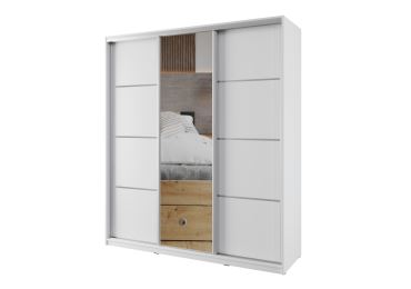 Šatní skříň NEJBY BARNABA 180 cm s posuvnými dveřmi, zrcadlem, 4 šuplíky a 2 šatními tyčemi, bílá