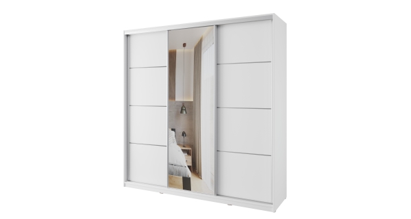 Šatní skříň NEJBY BARNABA 200 cm s posuvnými dveřmi, zrcadlem, 4 šuplíky a 2 šatními tyčemi, bílá