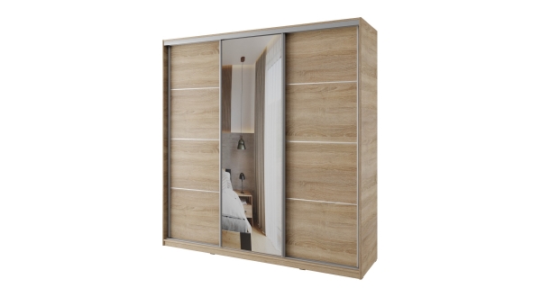 Šatní skříň NEJBY BARNABA 200 cm s posuvnými dveřmi,zrcadlem,4 šuplíky a 2 šatními tyčemi,dub sonoma