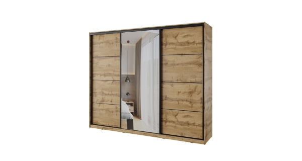 Šatní skříň NEJBY BARNABA 250 cm s posuvnými dveřmi, zrcadlem,4 šuplíky a 2 šatními tyčemi,dub wotan