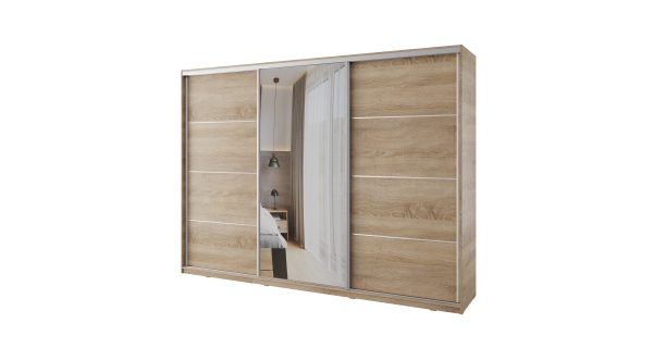 Šatní skříň NEJBY BARNABA 280 cm  s posuvnými dveřmi,zrcadlem,4 šuplíky, 2 šatními tyčemi,dub sonoma