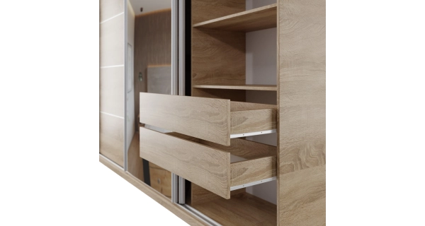 Šatní skříň NEJBY BARNABA 280 cm s posuvnými dveřmi,zrcadlem,4 šuplíky, 2 šatními tyčemi,dub sonoma