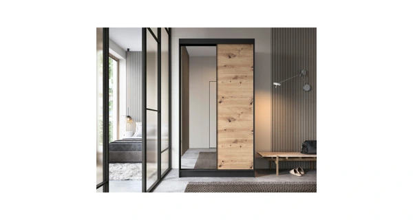 Šatní skříň RISOLUTO II se zrcadlem, dub artisan/černý mat