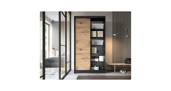 Šatní skříň RISOLUTO II se zrcadlem, dub artisan/černý mat