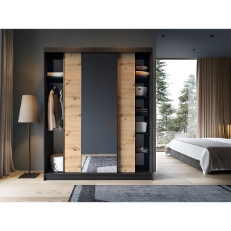 Šatní skříň RISOLUTO III se zrcadlem, dub artisan/černý mat