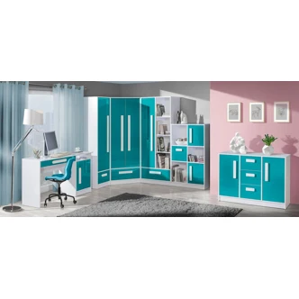 Šatní skříň s posuv. dveřmi BLOURT, bílá/tyrkys lesk