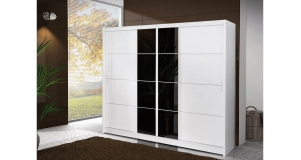 Šatní skříň s posuvnými dveřmi HONVORI 250, bílá/černé sklo