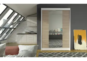 Šatní skříň se zrcadlem LAUCO II, bílá/dub sonoma