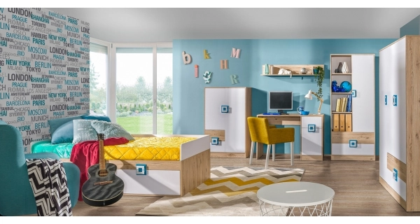 Šatní skříň UWARA, dub jasný/bílá/tyrkys