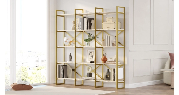 Široký regál HELRIS, bílý mramor/zlatá