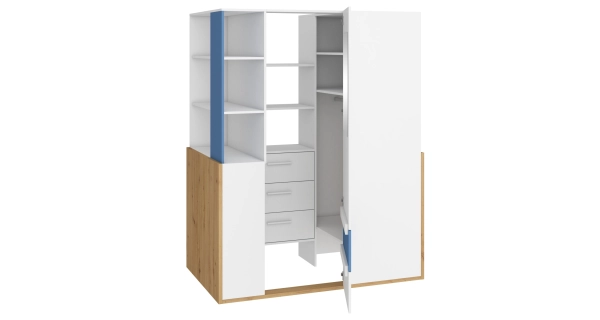 Skříň LEPON 155, dub artisan/bílá/modrá, 5 let záruka