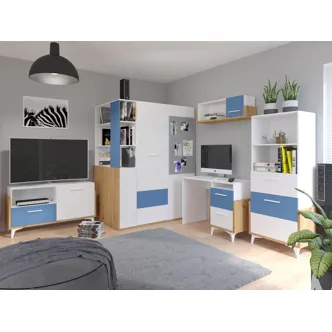 Skříň LEPON 155, dub artisan/bílá/modrá