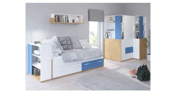 Skříň LEPON 155, dub artisan/bílá/modrá