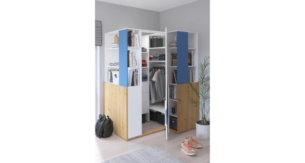 Skříň LEPON 155, dub artisan/bílá/modrá