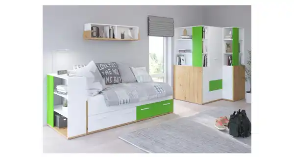 Skříň LEPON 155, dub artisan/bílá/zelená