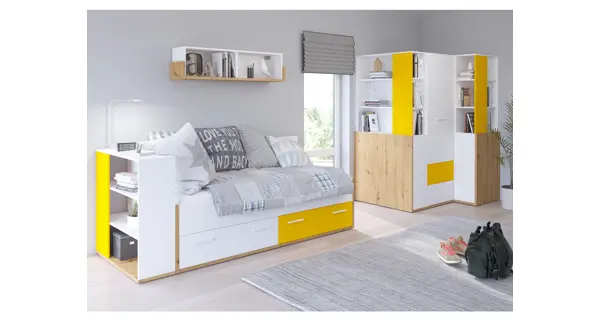 Skříň LEPON 155, dub artisan/bílá/žlutá