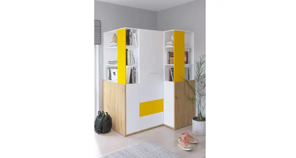 Skříň LEPON 155, dub artisan/bílá/žlutá