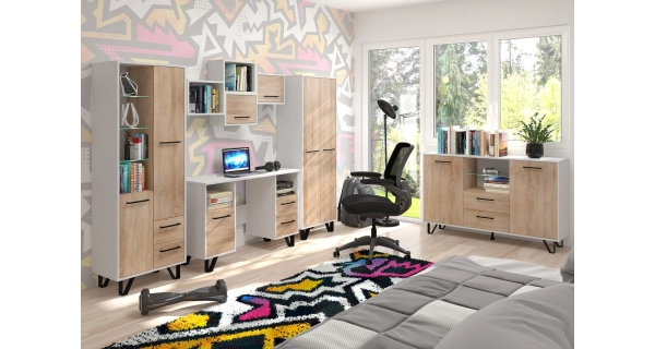 Skříň PRUDHOE 2D, bílá/dub sonoma, 5 let záruka