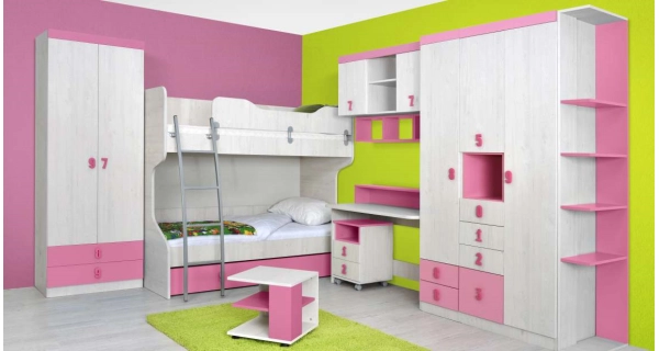 Skříň STUKIN 3, dub bílý/růžová