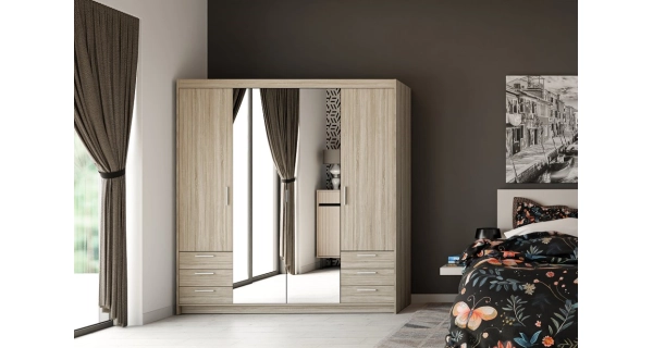 Skříň TEKEN 4D 6S se zrcadlem, dub sonoma