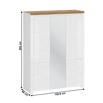 Skříň VENUSTA 5D se zrcadlem, bílý lesk/dub wotan