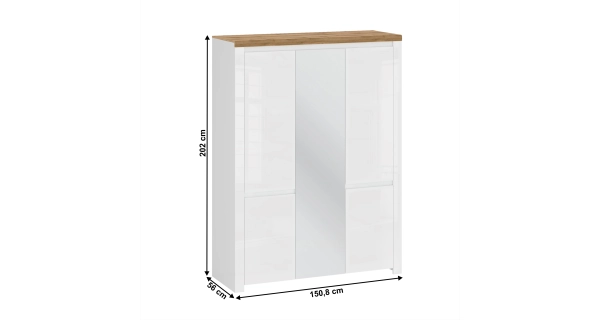 Skříň VENUSTA 5D se zrcadlem, bílý lesk/dub wotan