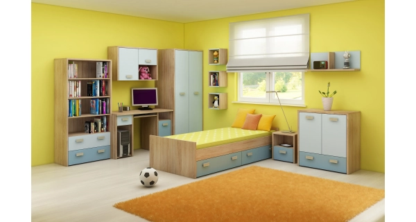 Studentský PC stůl NELLORE 1, dub sonoma/světle modrá/modrá, 5 let záruka