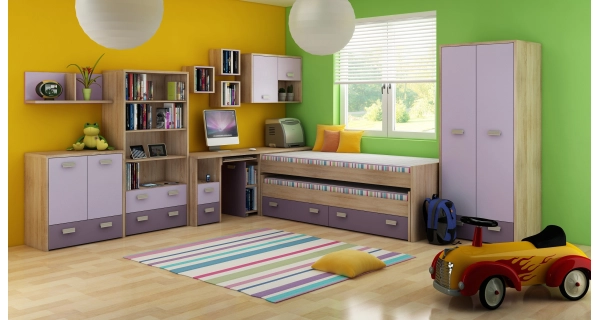 Studentský PC stůl NELLORE 2, univerzální, dub sonoma/levandulová/fialová, 5 let záruka