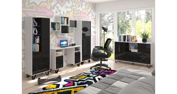 Studentský pokoj PRUDHOE 5, bílá/černý lesk, 5 let záruka