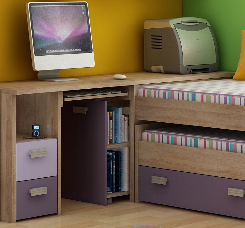 Studentský rohový PC stůl NELLORE 2, dub sonoma/levandulová/fialová, 5 let záruka