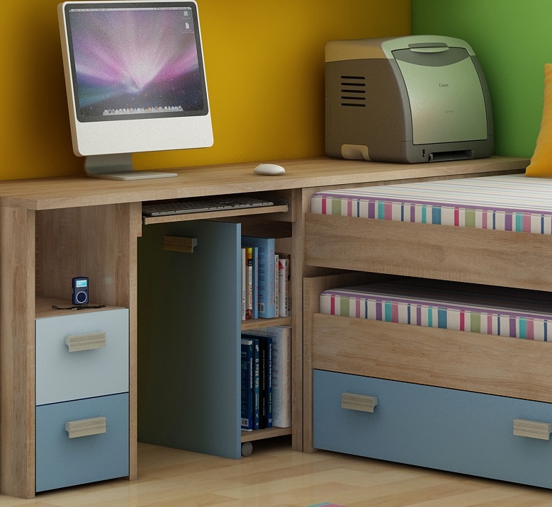 Studentský rohový PC stůl NELLORE 2, dub sonoma/světle modrá/modrá, 5 let záruka