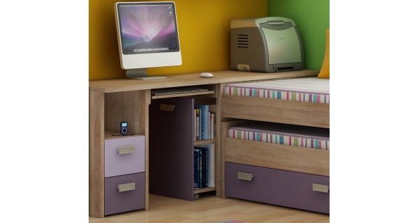 Studentský rohový PC stůl NELLORE 2, dub sonoma/levandulová/fialová, 5 let záruka